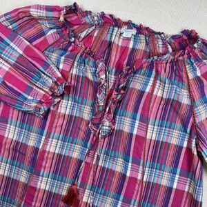 Sundance Tender Plaid Medium Top Peasant Boho Puff Sleeves Tassels Ruffle Pink